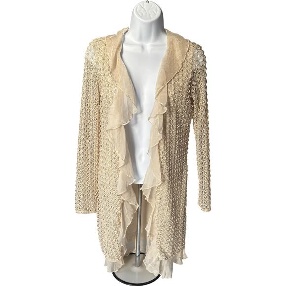 Sharon Young Ruffle Waterfall Crochet Cardigan Beige Cream Long Sleeve Sz S - Picture 2 of 4